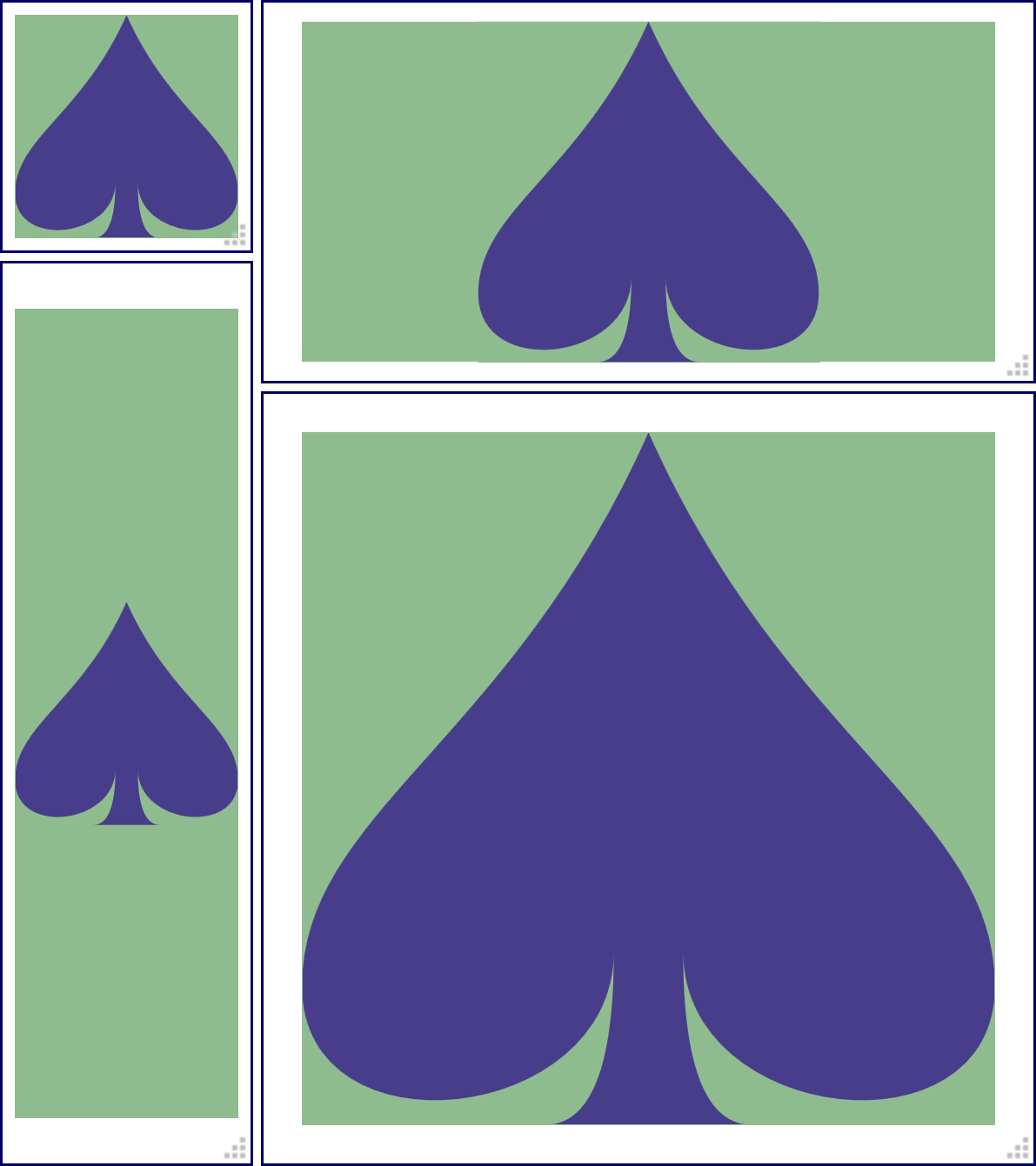 Four browser frames of different sizes and shapes, each with a resize marker in the bottom-right corner.  All have the same dark blue spade shape scaled until it just fits either the height, width, or both.