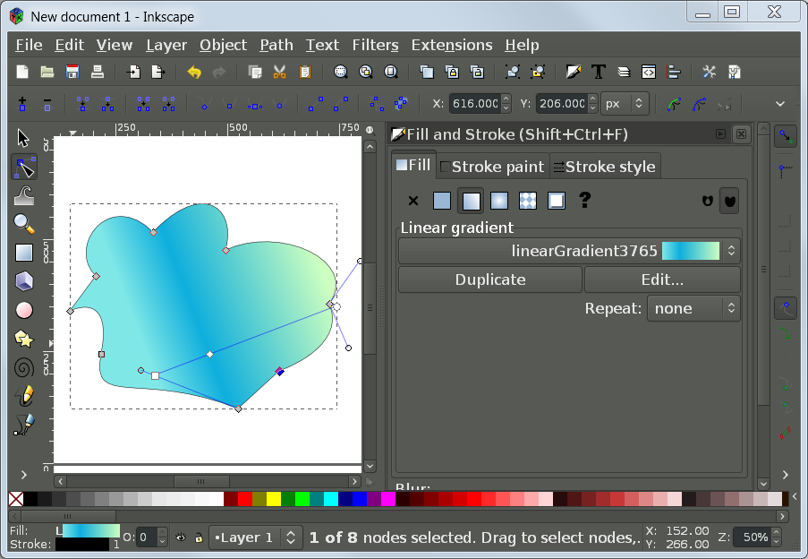 Application window. There's a menubar, 2 toolbars at the top with more than a dozen icons each, more toolbars on each side, and a color selector bar plus some status information and other inputs along the bottom.  The center panel is split between an image of the drawing (a blobby shape with a gradient fill) on one side, and a Dialog on the other side labelled Fill and Stroke, containing various options and controls relating to the gradient.