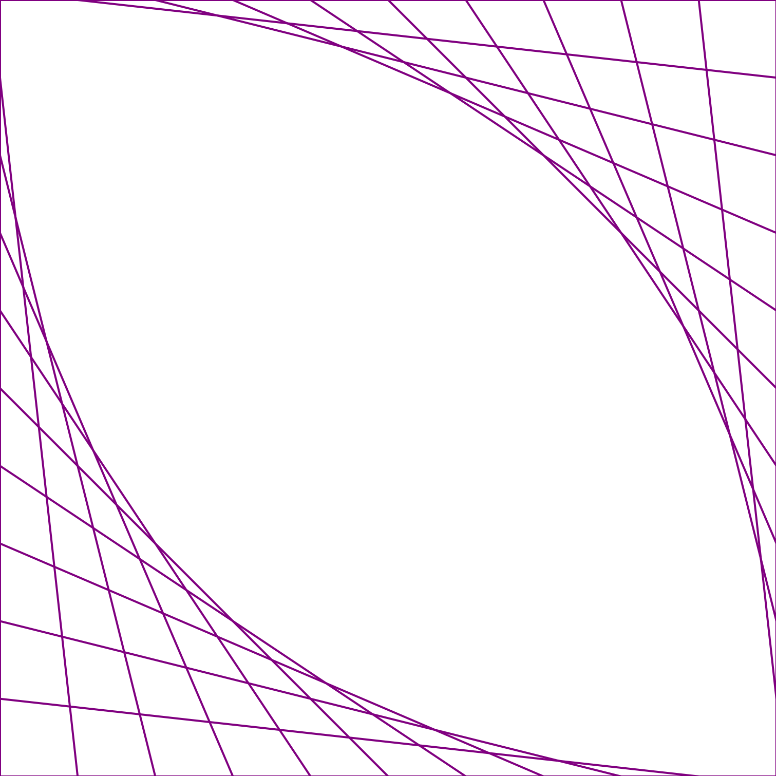 A series of purple lines that start from the top edge of a square and then progressively angle downwards until the last one makes up the right edge of the square.  A symmetric arrangement progresses from the left edge to the bottom edge.