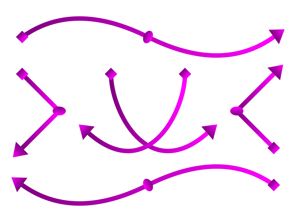 The same curved arrows as the previous figure, but drawn with two-toned gradients instead of solid colors.  Each marker is also filled in the same two-tone gradient, but sized to fit the individual marker shape.  This creates sharp edges between the strokes and the markers.