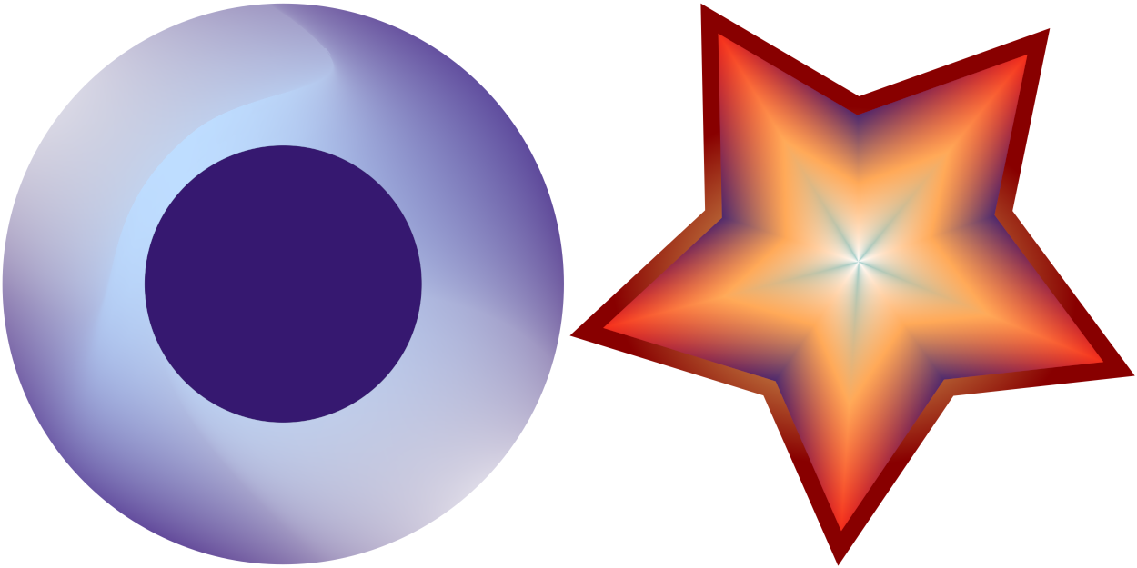 On the left is a circle with solid blue center and a thick stroke that has smoothly curved transitions of light and dark blues, to create a shimmery highlight effect.  On the right is a five-point star with a dark red to gold stroke.  The fill of the star is a geometric gradient pattern that matches the stars points: the far points are pinkish red, the inner corners are deep blue, and the center alternates white and blue-gray to emphasize the rays connecting out to the points.  Midway between the center and the edges of the star, the colors transition to a warm gold.