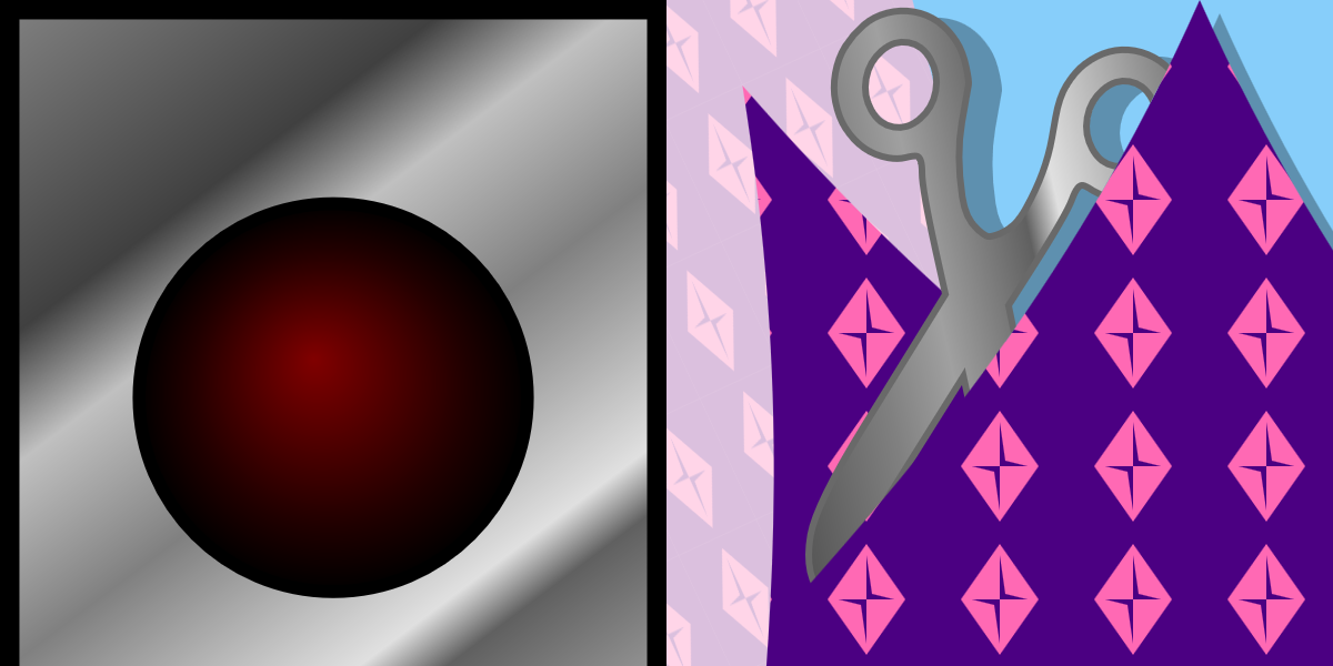 On the left, the top one third of the stoplight, showing part of the shiny metallic gradient and the red light.  On the right: the scissor shape is shown cutting through a patterned sheet to create the painted SVG shape from the original figure.  The simple outline of the scissors is made slightly more realistic with the shiny gradient and a shadow behind it.