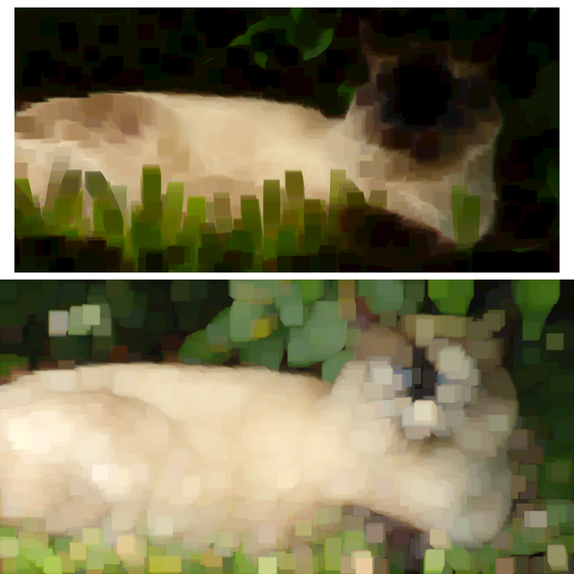 Two copies of our sleeping siamese cat image, both looking like they were painted with a large square brush.  The top version is much darker than the bottom, and the overall image size is much smaller (although still a neat rectangle).