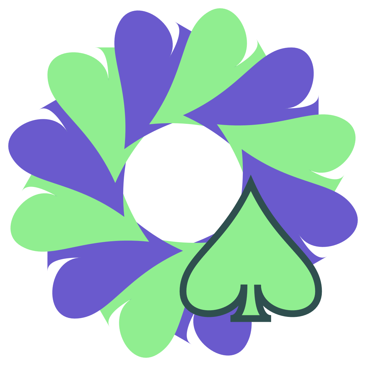 A wreath of overlapping spade/leaf shapes, in alternating light green and purple-blue, the tips circling around the center of the figure and the stems pointing outwards. The shape in the top-most layer, positioned in the bottom right corner of the figure, is outlined in darker green.