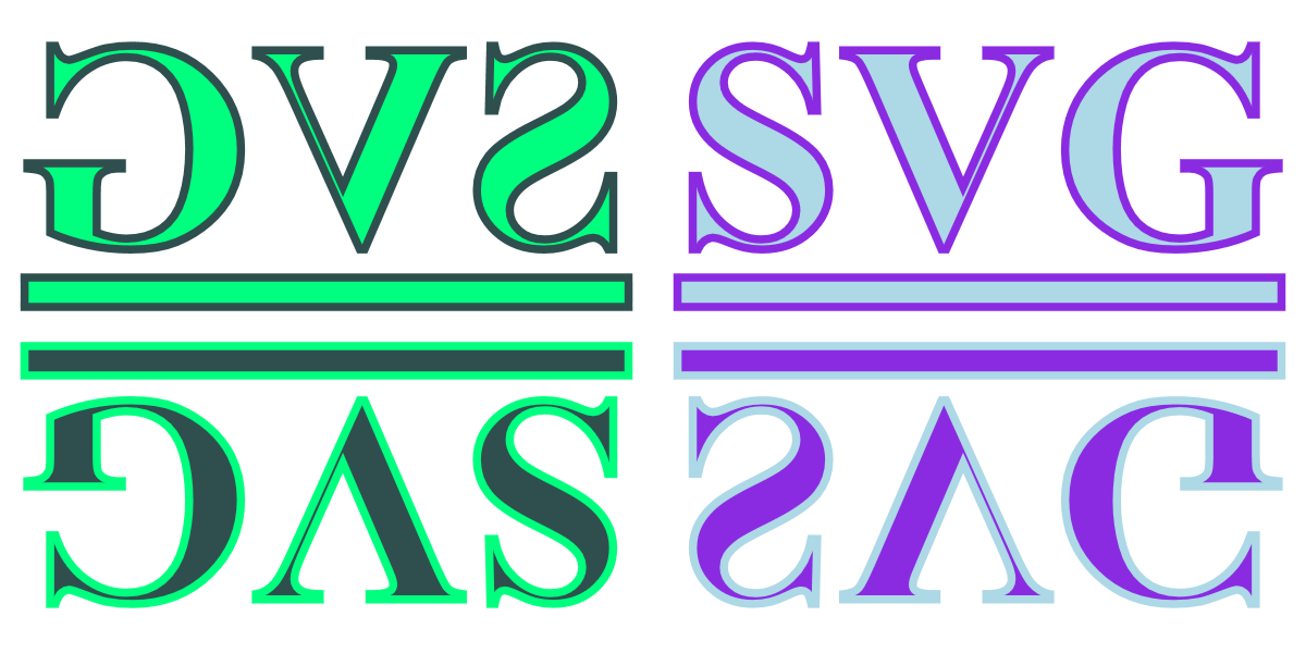 A four-part image.  In the upper right quadrant, the letters SVG, with a thick underline.  In the other three quadrants, mirror reflections of the same text, so that the overall image is symmetrical both vertically and horizontally. In all cases, the letters and the underline are light blue with a purple-blue outline.