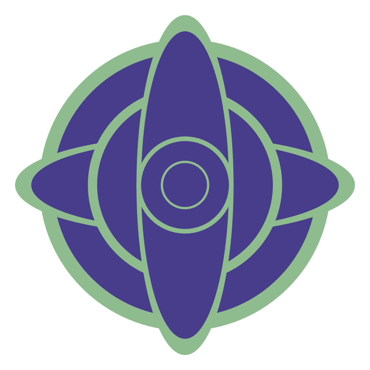 A compass-rose pattern of stacked, centered circles intersected by a vertical and horizontal ellipse that extend beyond the edges of the outer circle. The shapes are all purple-blue with light green outlines, and the thickness of the outlines on is proportional to the size of the circle. For the ellipses, the outlines are stretched wide at the far ends but are thin along the narrow sections, matching the outline thickness on the circle that is of the same diameter as the ellipse's cross-axis.