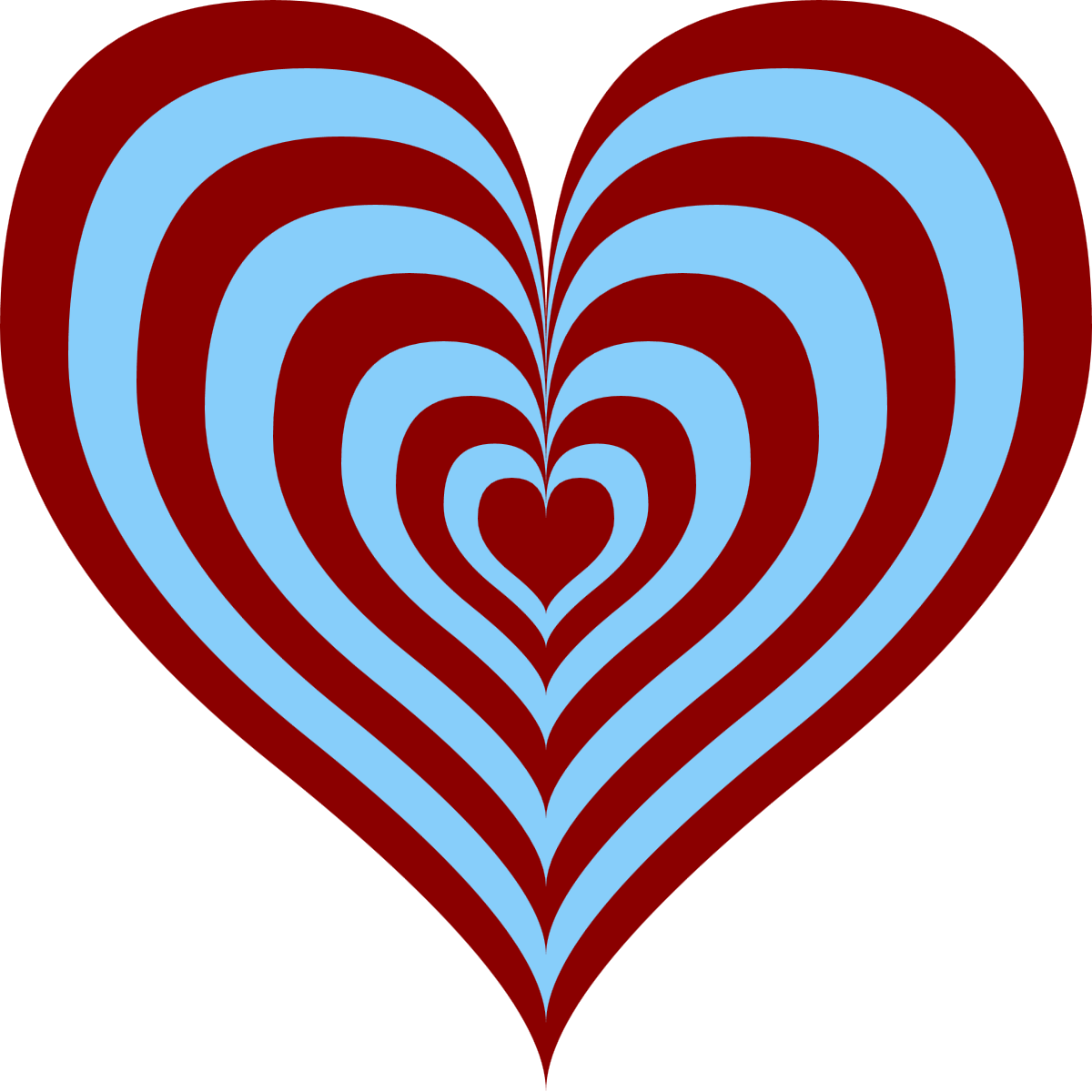 Clearly distinguishable heart shapes, as concentric blue and red stripes radiating from the small heart in the center.