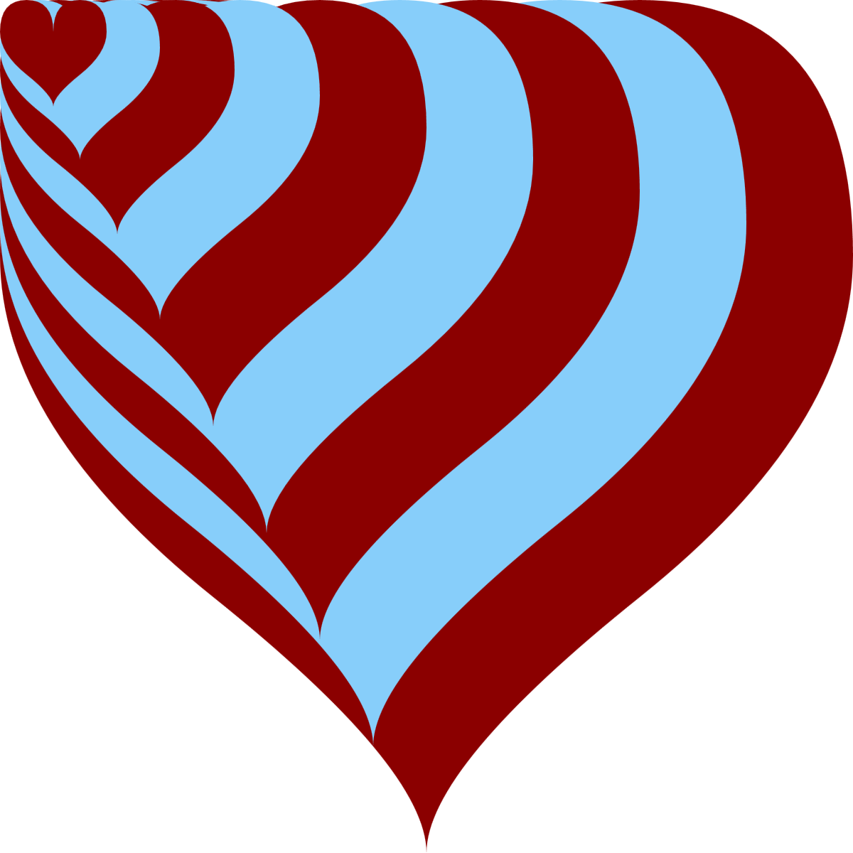 A somewhat abstract shape of striped blue and red curves, radiating from a small heart in the top left corner.