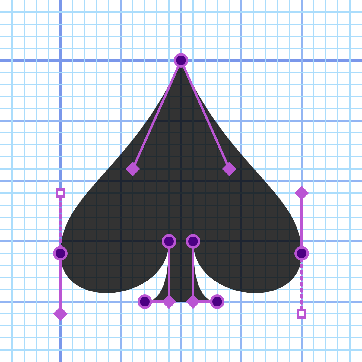 The spade, on the grid. The top point has two explicit control handles, angling down and overlapping the fill region. Points on the far left and right of the lobes have control handles pointing directly up and down, one half of each drawn as a solid line and the other half dotted. The central stem has curve-points at the corners of its base and at the points where the stem intersect the lobes. Solid control handles connect these at right angles.