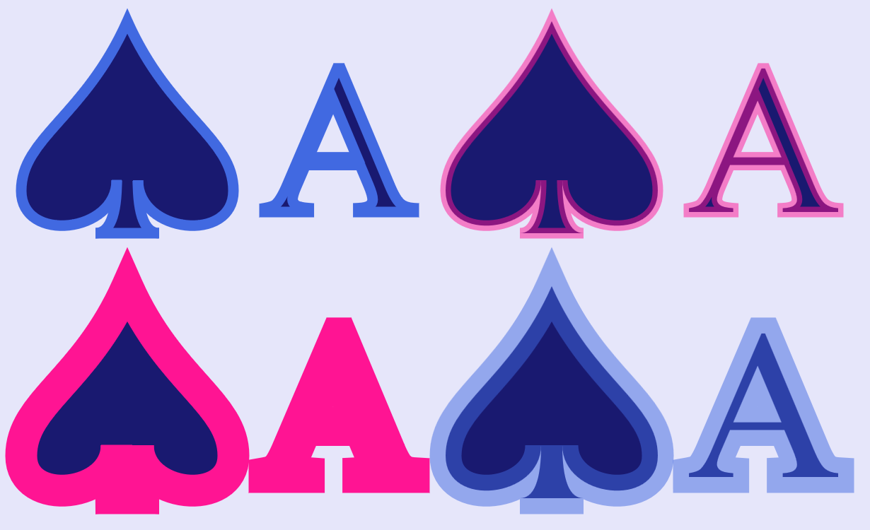 Four copies of the spade suit shape, each followed by a letter A.  Each has a different stroke outline style.  In top left, the outline is blue and wide enough to be distinctive without distracting from the spade's shape: on the A, the outline completely covers the thinner strokes of the letter, but shows some of the fill color in wider strokes. In top right, the stroke is the same width, but in pink and semi-transparent so that the exact shape of the spade and the letter show throw, emphasizing that half the stroke is outside the fill.  On the bottom, the strokes are wider: solid and pink on the left, semi-transparent and blue on the right.  The strokes now completely cover the letter A, filling in the space in the middle of the letter and turning the serifs on the bottom of the strokes into large slaps.  On the spade shape, the wide strokes completely cover up the detailed structure around the stem.