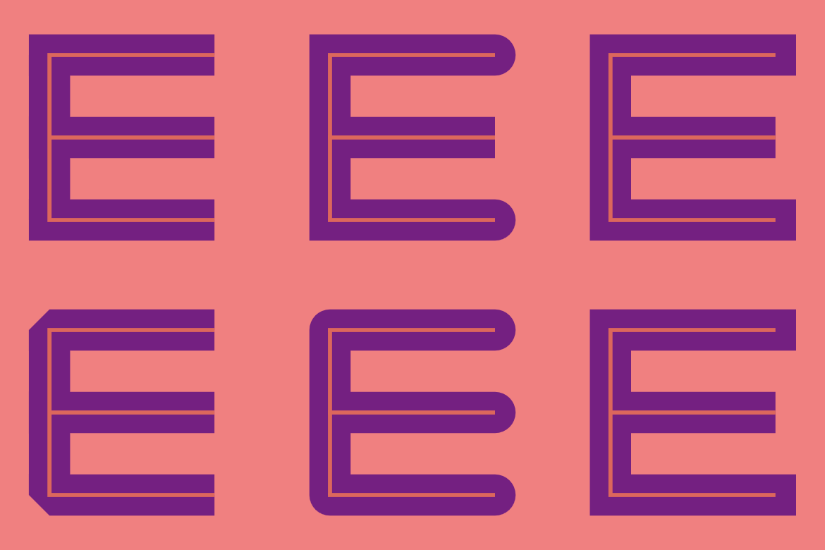 A diagram that is visually similar to the previous figure, but with E shapes instead of S shapes.  The wide stroke on the middle bar of the E is cut back to the same distance as the narrow outline on all copies except for the round linejoin.
