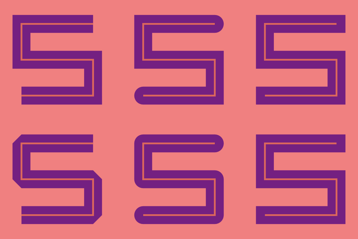 Six copies of an S shape, which goes right-to-left, then down and back right, down again and back left, with all corners 90 degrees.  The narrow outlines drawn on top of each copy show that the basic shape is identical.  The wider strokes differ at the ends and corners.  In the square and round linecaps. the ends of the thick strokes extend beyond the end of the thin stroke, matching the width of the lines that are at right angles to that cap.  In contrast, the trimmed corners of the bevel line joins scale down the thick strokes to match the point where the butt line caps end.