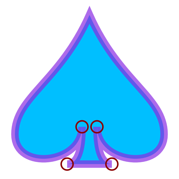 The now-familiar spade icon, with a semi-transparent stroke.  The points at the base of the stem and where the stem connects with the lobes are marked with circles.  At these points, the strokes are trimmed tight against the point in the underlying shape.  The only other point in the shape (the main point at the top of the spade) has an extended miter point in the stroke.