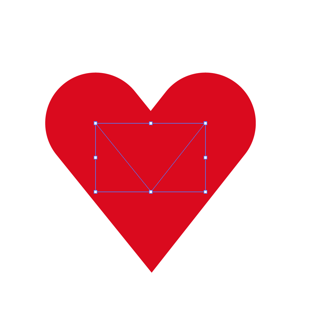 A perfectly symmetrical red heart, with perfect semi-circular lobes and crisp straight-line points.  The blue bounding box outline is now a rectangle inside the heart, tightly enclosing the V-shape that marks the mid-point of the thick rounded strokes that are drawing the heart.