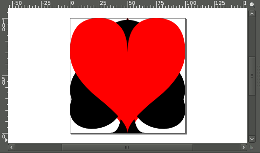 An application window with scroll bars and ruler markings around the edges.  In the center, a composite shape featuring a red heart overlaid on top of various black lobes and stem from the spade and club shapes.