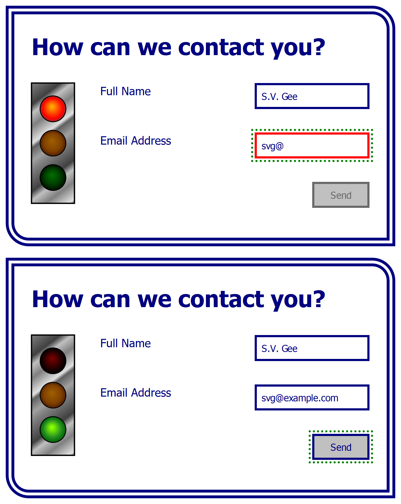 A composite graphic showing the web page in four states, two invalid displaying the red light and two valid displaying the green light.