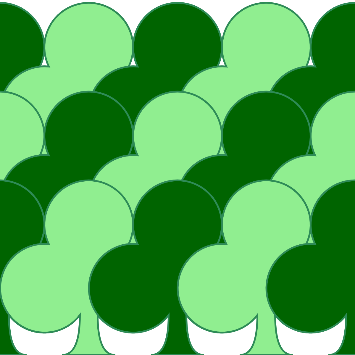 Three rows of overlapping club/tree shapes, in alternating dark and light green. The shapes in each row are offset slightly from the previous row. The lower rows are on top, so that the stems of the shapes are only visible at the bottom, neatly lined up along the base of the image.