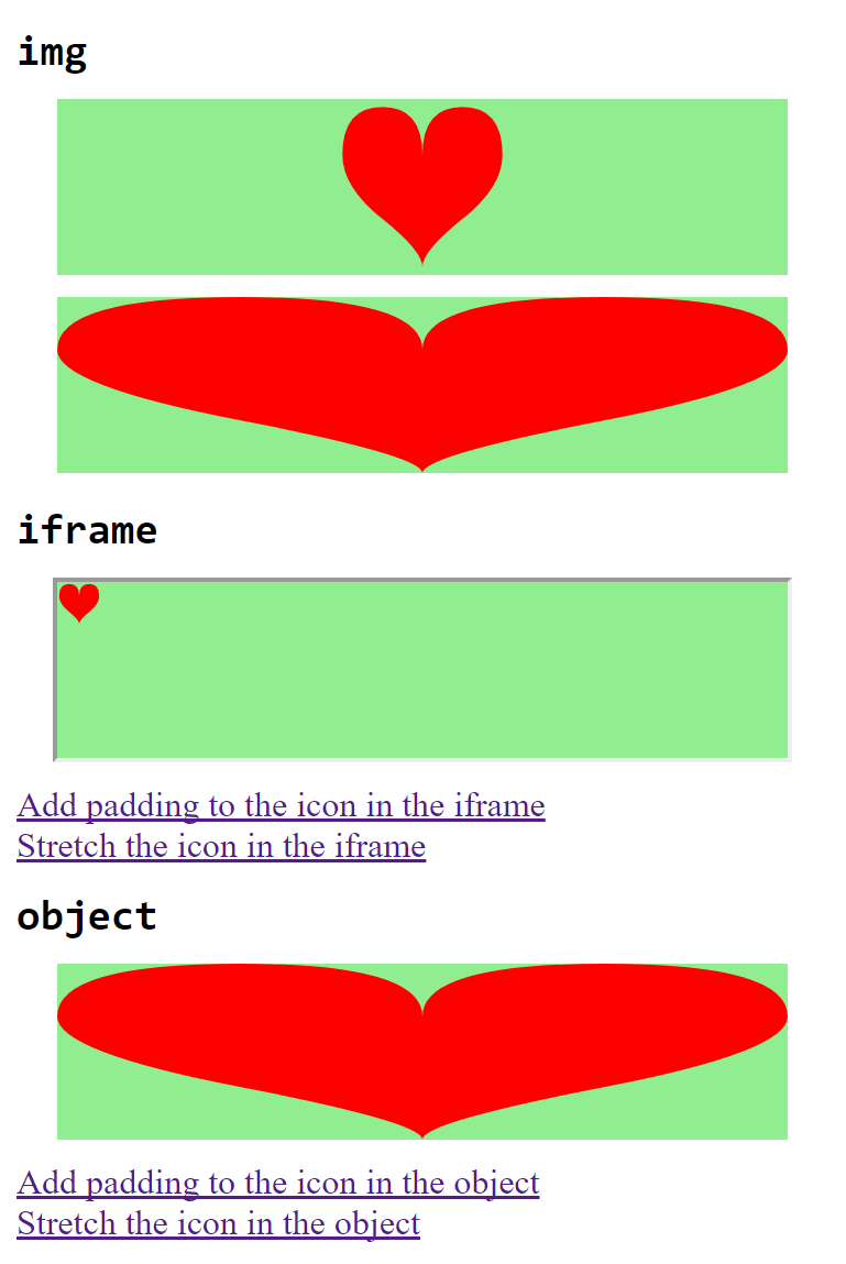 A webpage similar to the previous figure, except with red heart shapes instead of black clubs, and the shape in the iframe is much too small for the frame, instead of much too large with scroll bars.