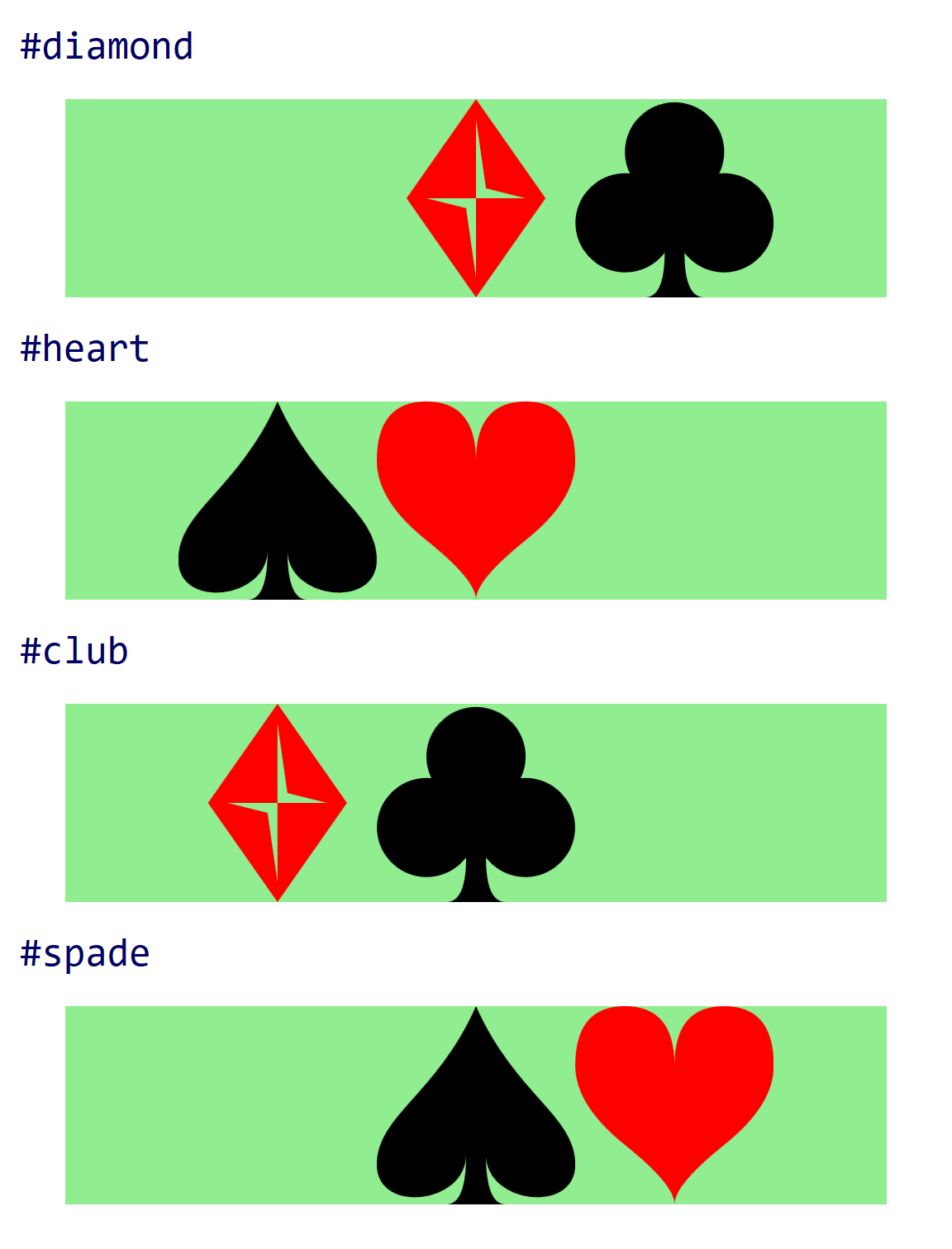 Four rectangular canvases, labelled diamond, heart, club, and spade. Each one features the named icon centered in the canvas, but also has another one of the shapes visible beside it, to left or right.
