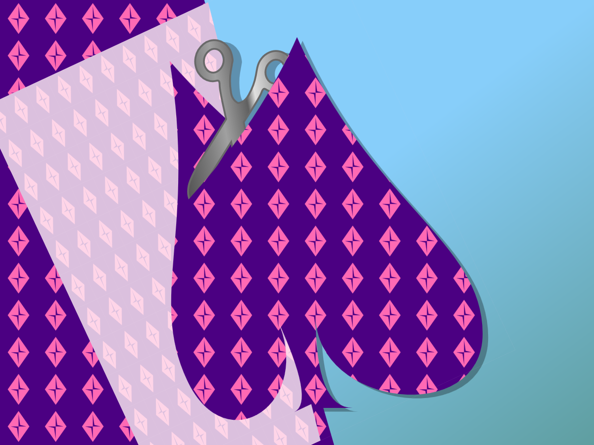 A drawing of a shape (a card-suite spade) being cut out of patterned wallpaper or wrapping paper. There are scissors drawn in a shiny metalic silver gradient located at the point where the shape is still connected to the rest of the paper. The cut-out backside of the paper, with the pattern much fainter is flipped over top.