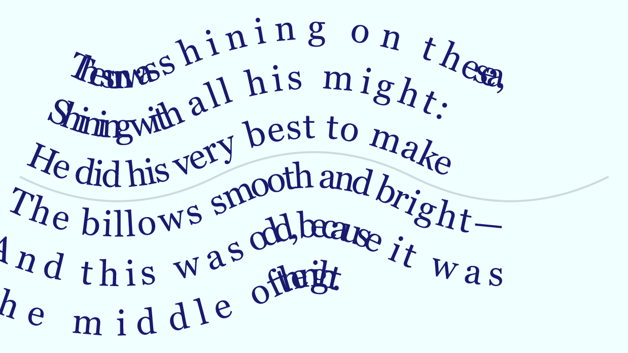 The same six lines of verse, three positioned above and three below a thin wavy line across the middle of the image.  On the convex sides of the wave, the letters become progressively more and more spaced out in lines farther from the path.  On the concave sections, the letters become more and more crowded, so that parts of the first and last lines include letters that completely overlap.