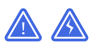 Two blue triangle-shaped icons, each with a thin white outline inset from the edge, and then a white icon in the middle.  On the left, the icon is an exclamation mark; on the right, a lightning bolt.