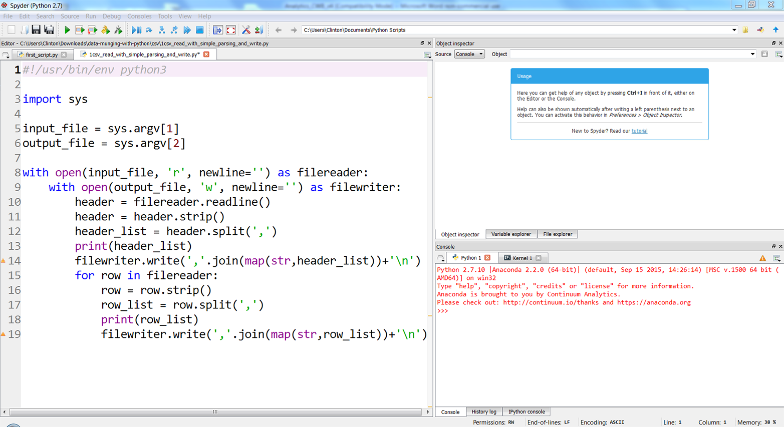 The 1csv_read_with_simple_parsing_and_write.py Python script in Anaconda Spyder