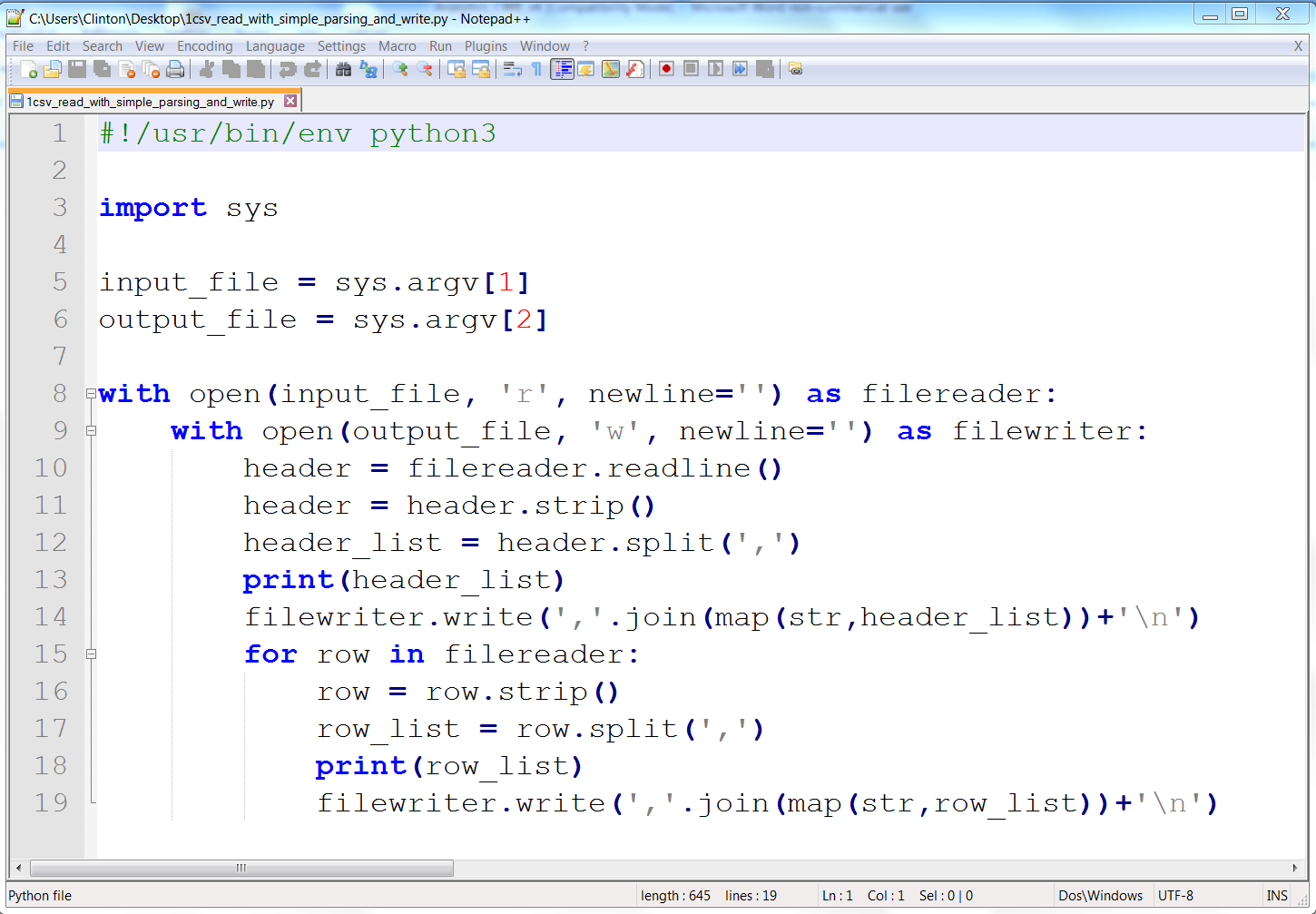 The 1csv_read_with_simple_parsing_and_write.py Python script in Notepad++ (Windows)