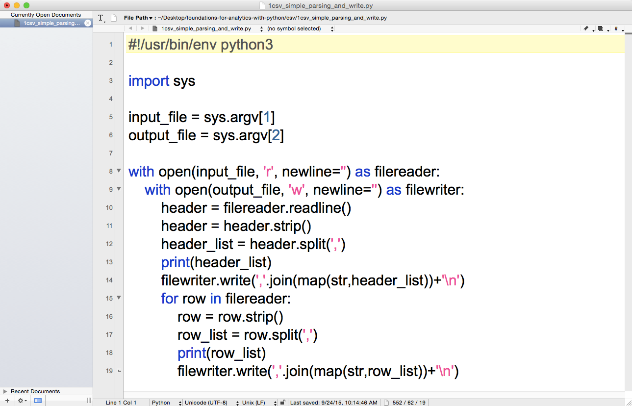 The 1csv_read_with_simple_parsing_and_write.py Python script in TextWrangler (Mac OS X)
