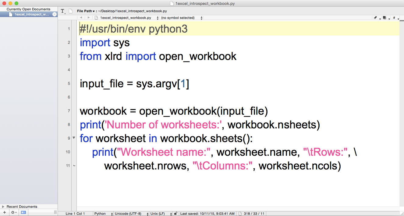The 1excel_introspect_workbook.py Python script in TextWrangler (Mac OS X)