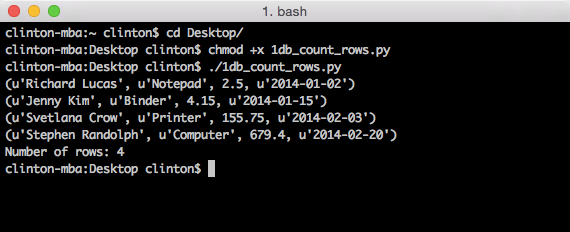 This output from 1db_count_rows.py shows the result of creating a sqlite database table, inserting four rows of data into the table, querying for all of the data in the table, and printing the results to the screen on a Mac computer