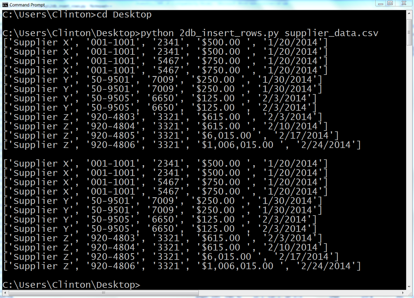 This output from 2db_insert_rows.py shows the result of creating a sqlite database table, inserting data from a CSV file into the table, querying for all of the data in the table, and printing the results to the screen on a Windows computer. The first block of output is the data rows as they’re parsed from the CSV file, and the second block of output is the same rows as they’re extracted from the sqlite table.