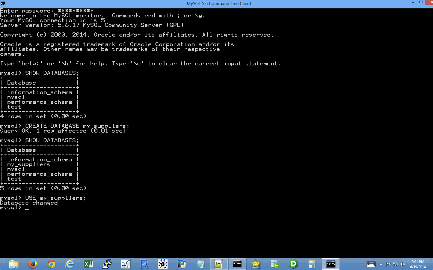 This figure displays the result of creating a new database named my_suppliers, checking that the new database is now included in the list of existing databases, and switching to the database to begin using it