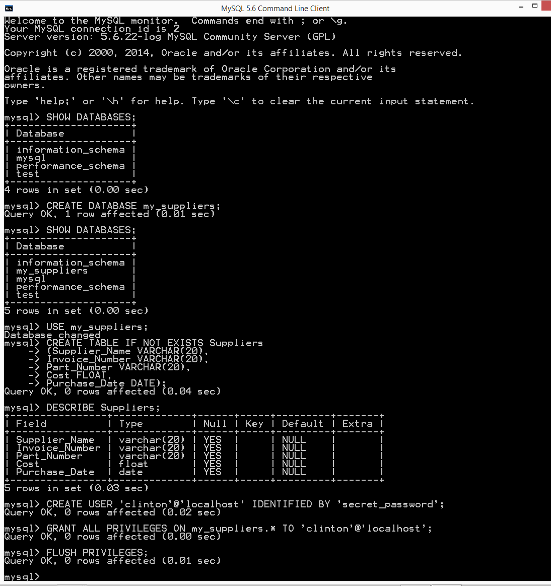 This figures displays the result of creating a new table named Suppliers in the my_suppliers database, creating a new user, and granting the new user all privileges on the my_suppliers database and the tables it will contain
