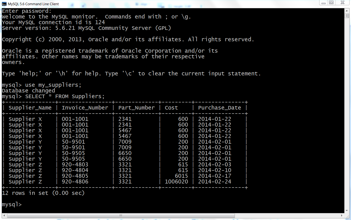 This figure displays the result of querying for the data in the Suppliers table after the records have been updated using MySQL’s command-line client