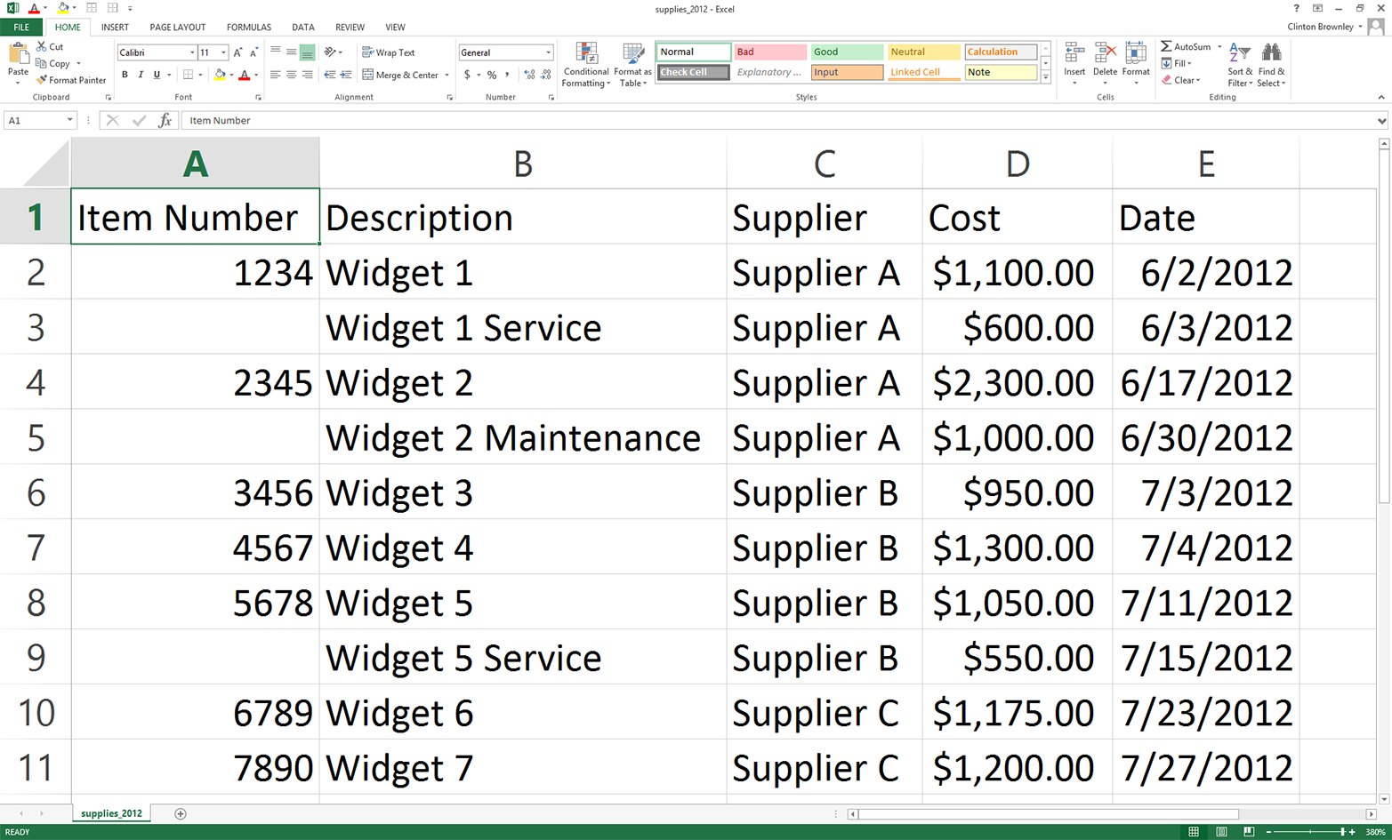 Example data for a CSV file named supplies_2012.csv, displayed in an Excel worksheet