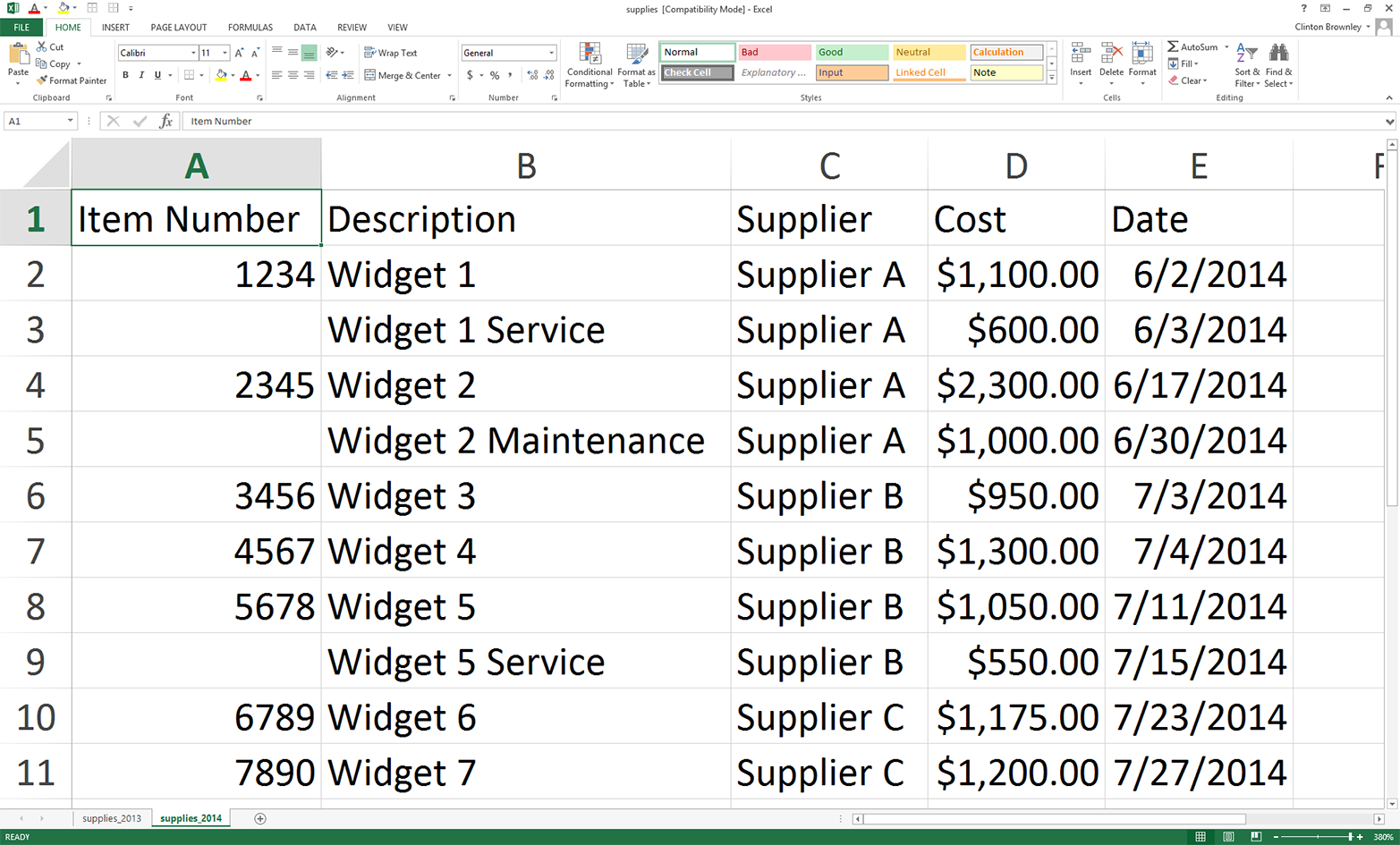 This figure displays the result of creating an Excel workbook named supplies.xls by adding worksheets for 2013 and 2014 based on supplies_2012. This new worksheet contains the same data as the data in the 2013 worksheet, except the dates are 2014 instead of 2013.