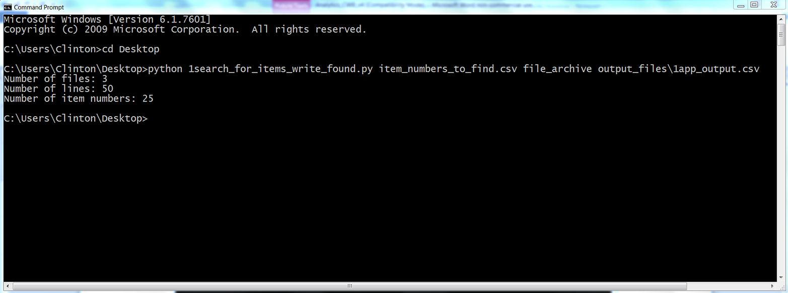This figure displays the result of running 1search_for_items_write_found.py with item_numbers_to_find.csv and the files in the file_archive folder. The output shows the script processed three files, fifty lines of records in these three files, and found twenty-five records with item numbers matching those listed in the CSV file. The script wrote these twenty-five lines to the output file, 1app_output.csv.