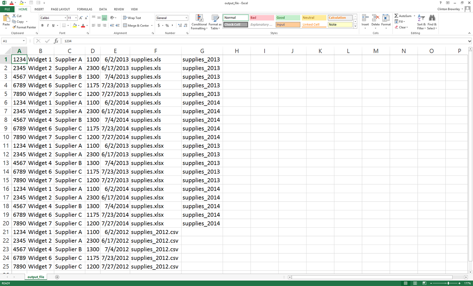 This figure displays the data that 1search_for_items_write_found.py wrote into 1app_output.csv. These records are the rows in the three input files that have item numbers matching those listed in the CSV file. The second-to-last column lists the names of the files where the data is found. The last column lists the names of the worksheets where the data is found in the two Excel workbooks.