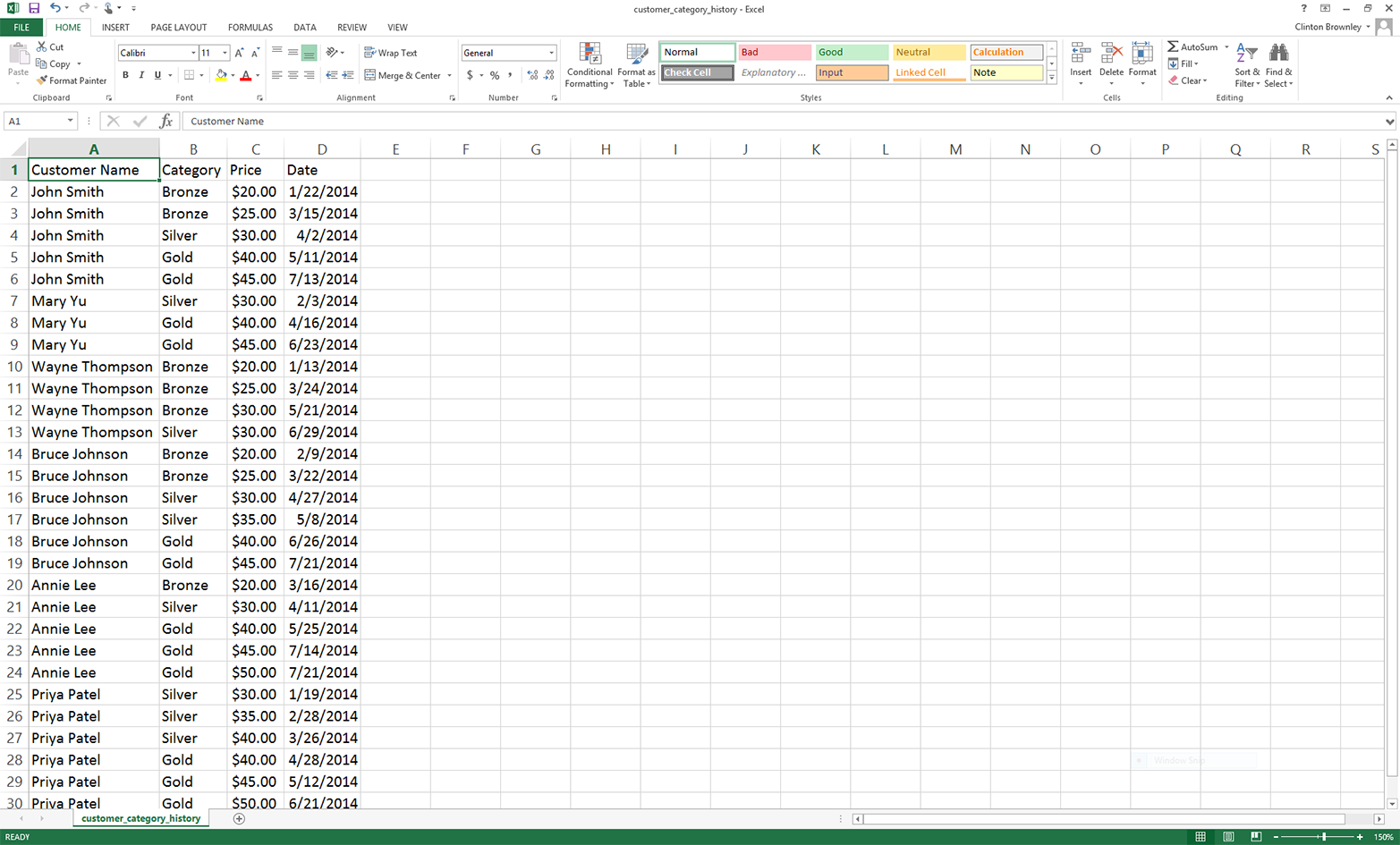 Example data for a CSV file named customer_category_history.csv, displayed in an Excel worksheet