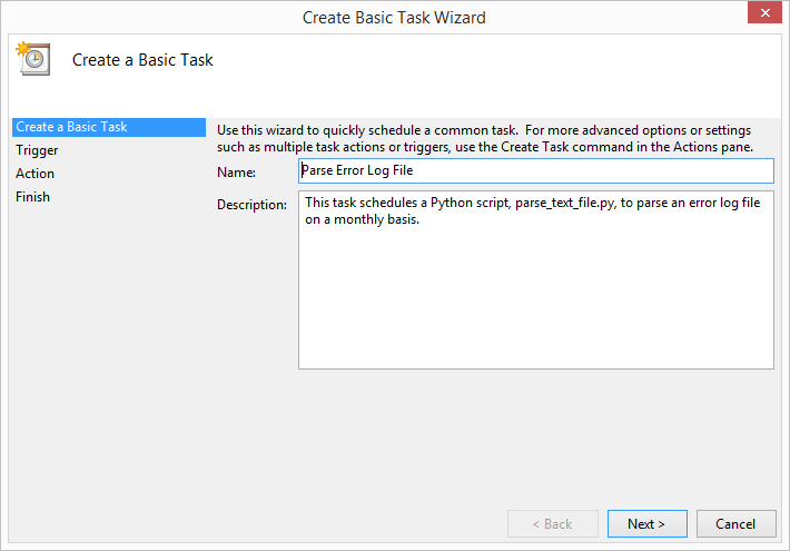 The Create a Basic Task interface you use to name and describe a task you plan to schedule