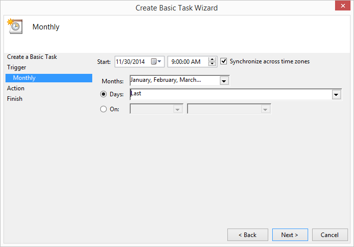 The Monthly interface you use to specify when you want the task to run