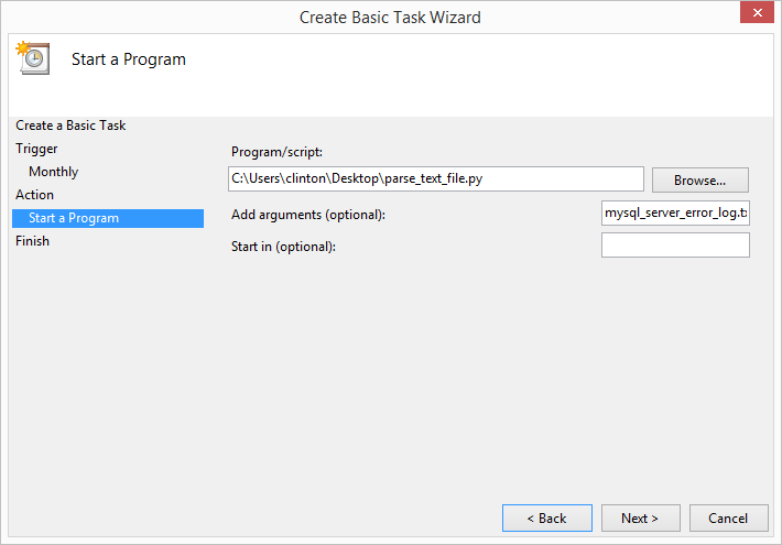 The Start a Program interface you use to specify the program or script the task will run, as well as any additional command-line arguments the program or script needs