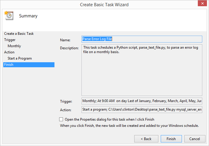 The Summary interface that displays all of the information you entered so you can confirm the task is set up to perform the actions you want it to carry out