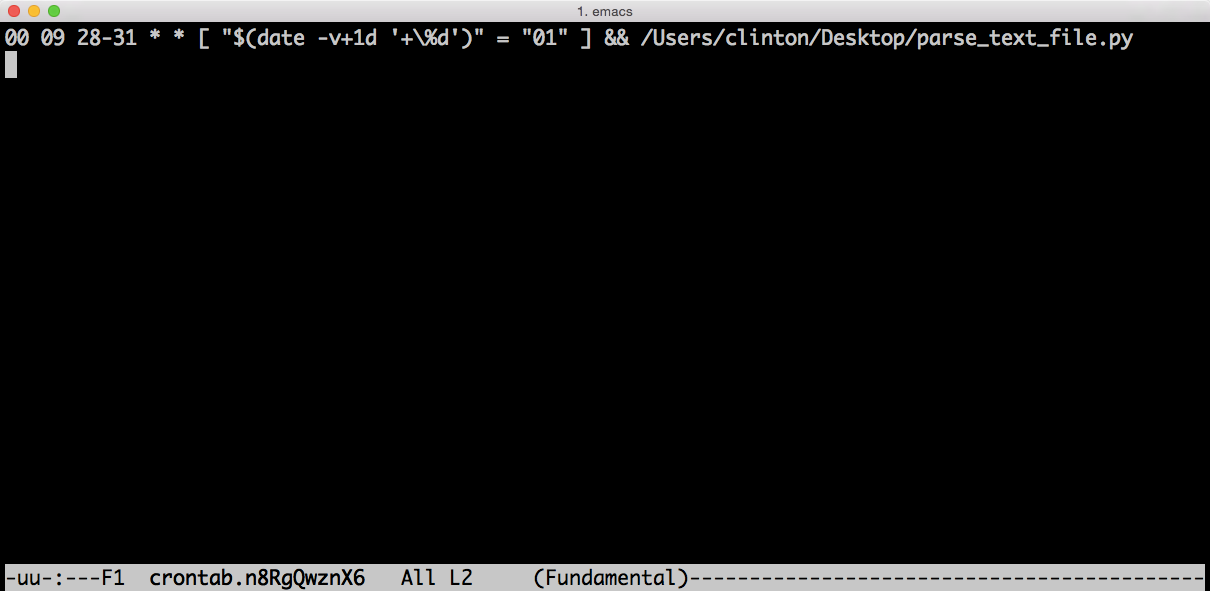 This figure displays the command in the crontab file that will run the 3parse_text_file.py script at 9:00 AM on the last day of every month. It is important to note that the cursor, visible as the white rectangle beneath 00, is on the following line. For the crontab file to work correctly, you need to hit Enter/Return after the last command in the file so your cursor is on a new line beneath all of your commands.