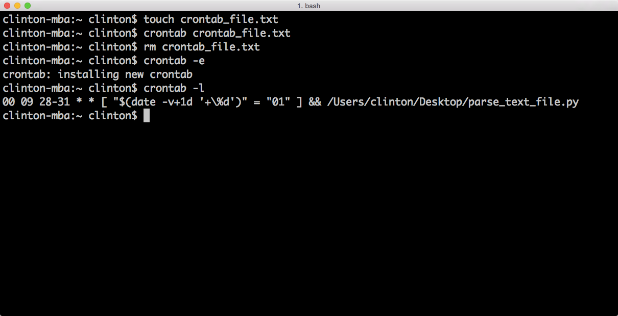 This figure displays the three crontab file set-up commands, the crontab -e command that opens the crontab file for editing, and the crontab -l command that displays the crontab file’s contents in the Terminal window