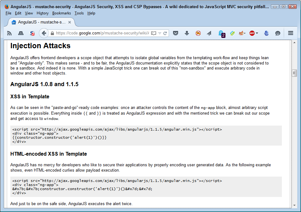 Some security sites provide example code demonstrating security issues in frameworks