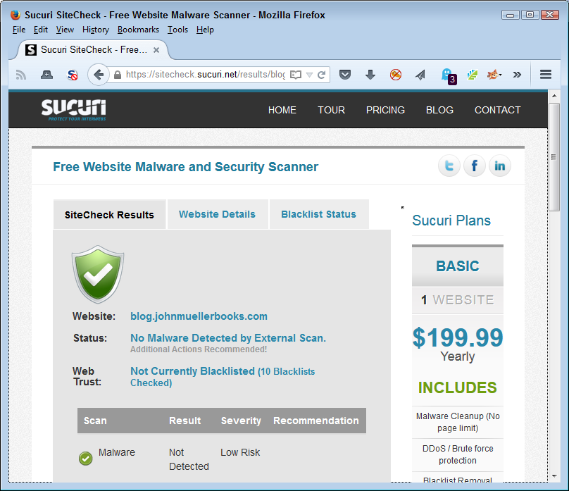The completed scan shows any problems with your site