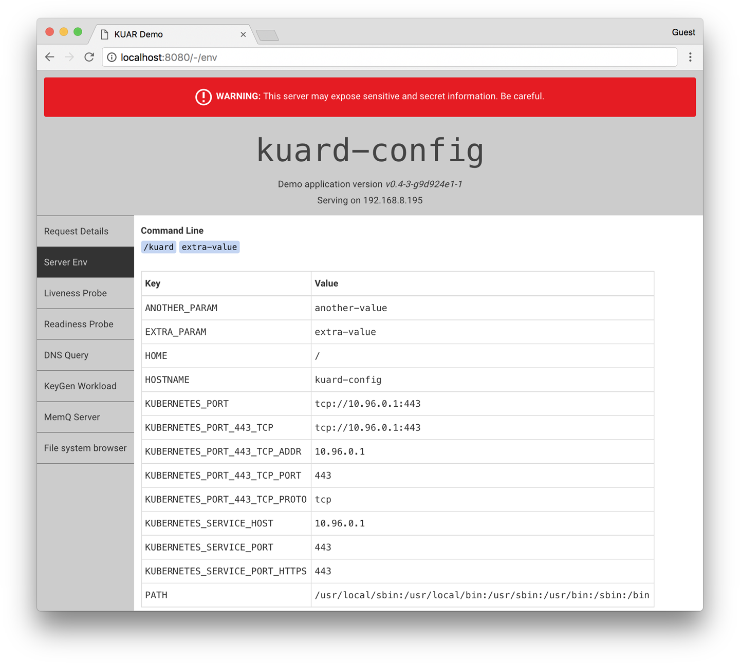 A screenshot of kuard showing the environment tab