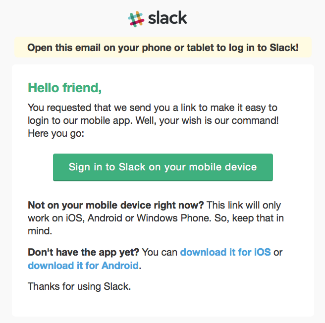 Slack's sign-in email for mobile devices